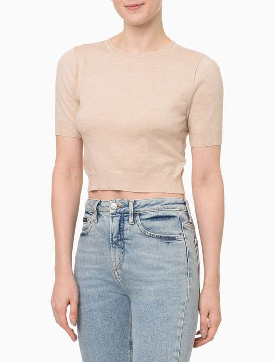 Camiseta Feminina Cropped Tricot Calvin Klein Jeans - Areia Camiseta Feminina Cropped Tricot Calvin Klein Jeans Areia m
