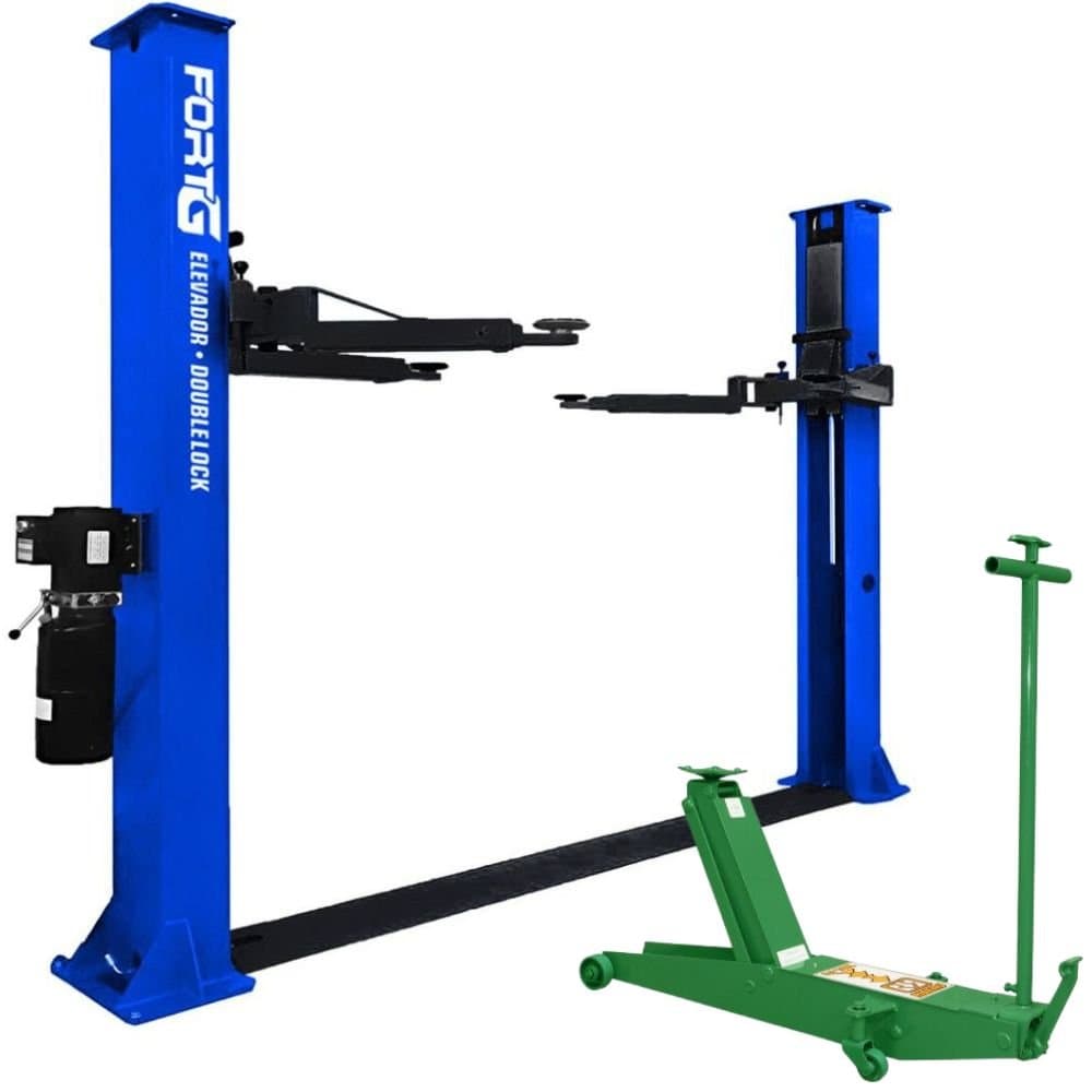 Combo Elevador Hidraulico 4 Toneladas Double Lock Azul com Parabolts Macaco Jacare 2 Toneladas Longo com Roda de Ferro FORTGPRO-K8057
