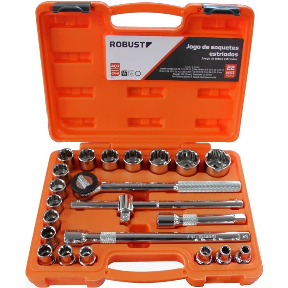 Jogo de Soquetes Estriados D26 12 Pol 8 a 32mm e Acessorios com 22 Pecas ROBUST-D2622AM