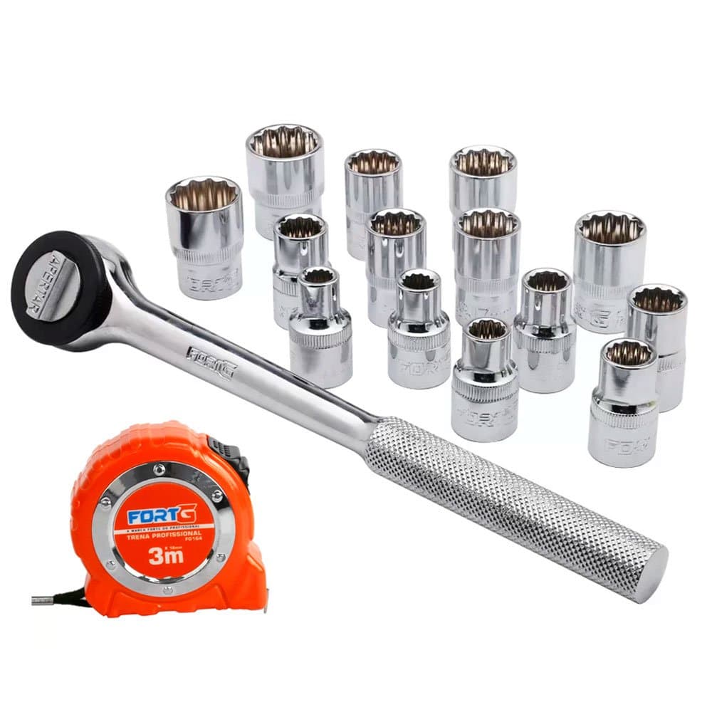 Combo Jogo de Soquetes 12 Pol FG8987 15 Pecas Trena Profissional 3m x 16mm FORTGPRO-K1808