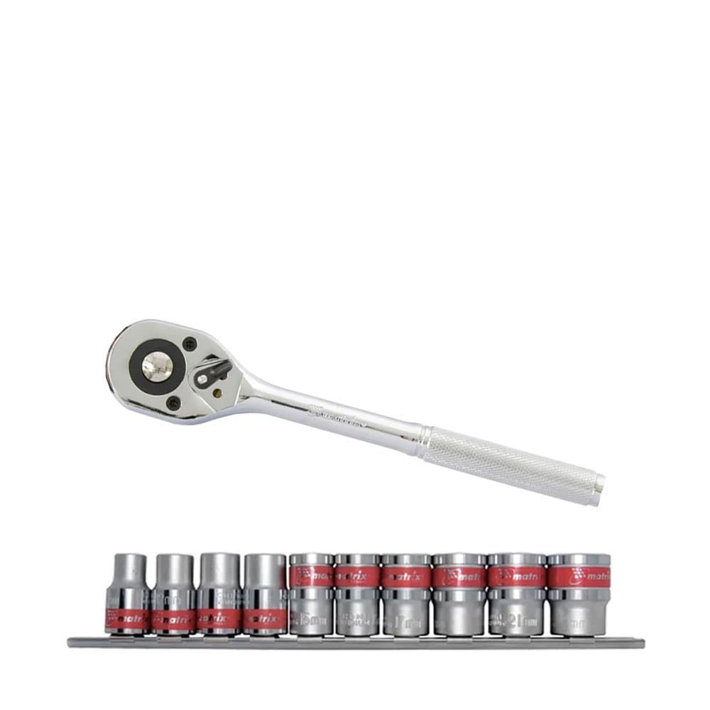 Combo Chave Catraca Reversivel com Encaixe de 38 Pol CRV Jogo de Soquetes Sextavado Curtos 8 - 19 mm 10 Pecas Encaixe 38 Pol com Suporte MTX-K4800