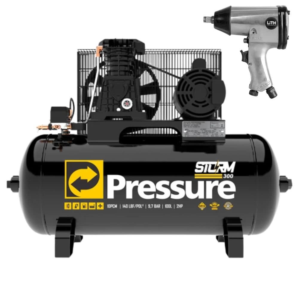 Combo Compressor de Ar Storm 20 Pes 200L 220380V - Trifasico Chave de Impacto 12 Pol PRESSURE-K7080