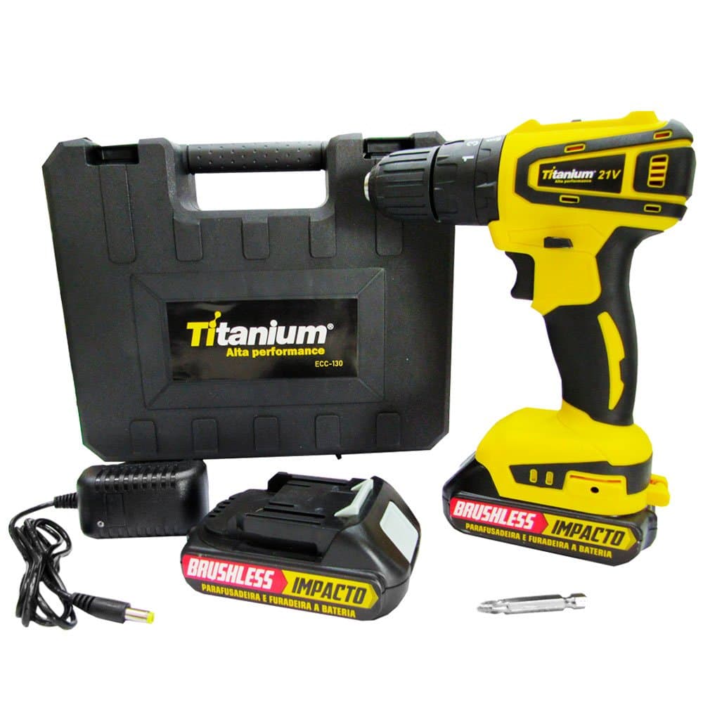 ParafusadeiraFuradeira de Impacto a Bateria 20V Li-Ion Brushless 38 Pol com Carregador 2 Baterias e Maleta TITANIUM-5500