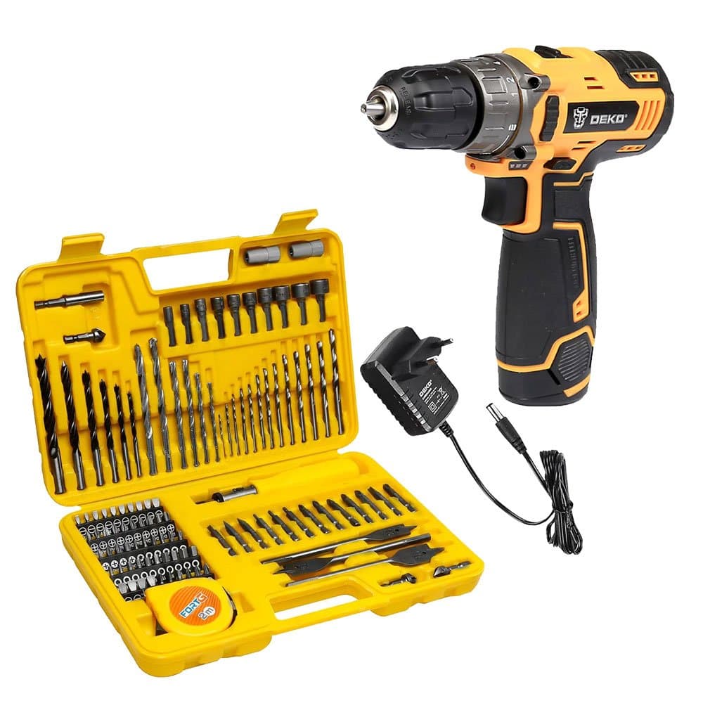 Combo Parafusadeira Furadeira 38 Pol 12V com Bateria e Carregador Jogo de Brocas e Bits com 110 Pecas DEKO-K5406