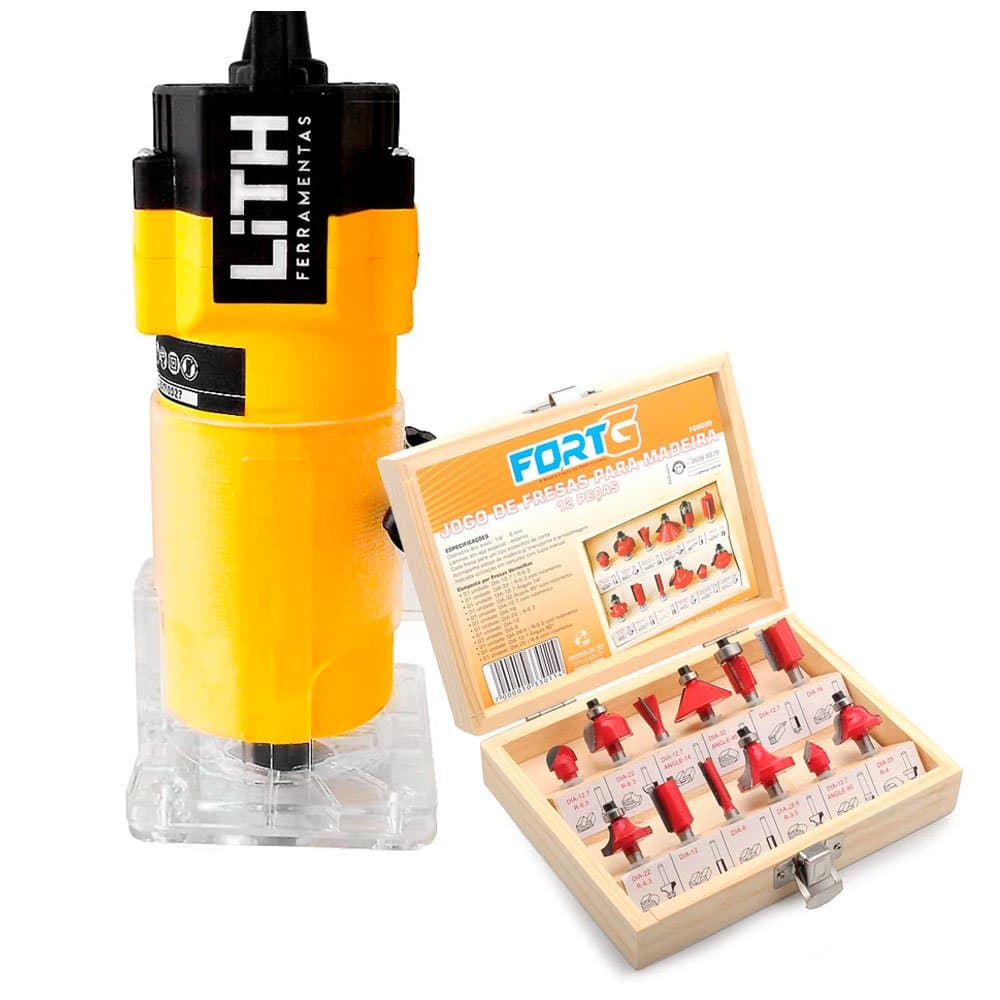 Combo Tupia Laminadora 500W 6mm 220V Jogo de Fresas Vermelhas com 12 Pecas para Madeira LITH-K399T12