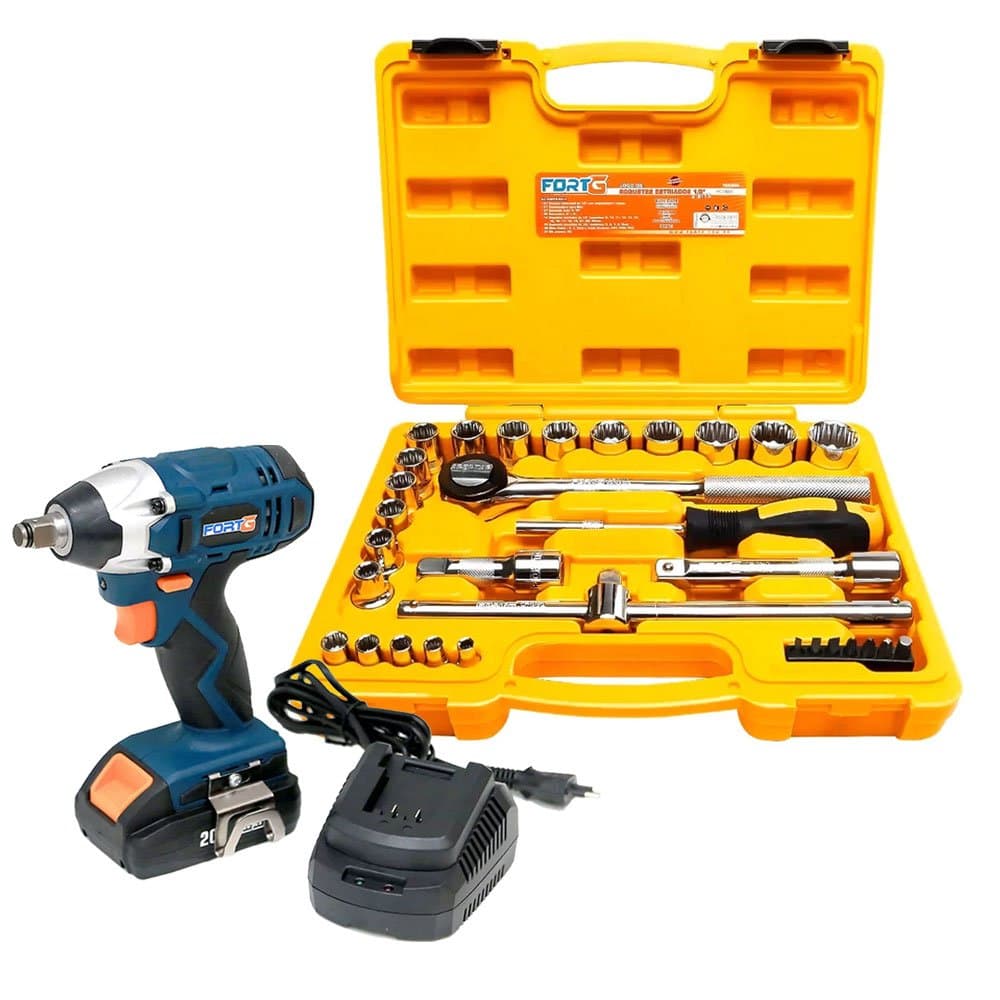 Combo Chave de Impacto Eletrica 12 Pol 350Nm a Bateria 20V com Carregador Bivolt Jogo de Soquetes Estriados de 12 Pol 31 Pecas FORTGPRO-K3613