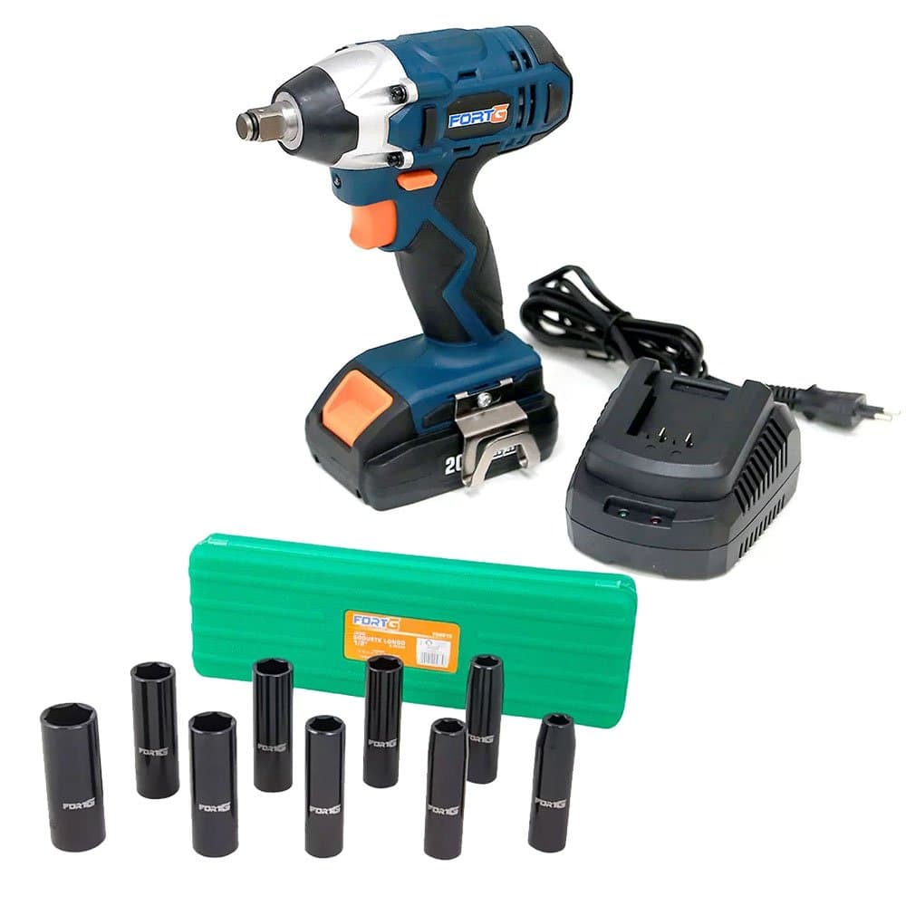 Combo Chave de Impacto Eletrica 12 Pol 350Nm a Bateria 20V com Carregador Bivolt Jogo Soquetes de Impacto 12 Pol Longos com 9 Pecas FORTGPRO-K3614