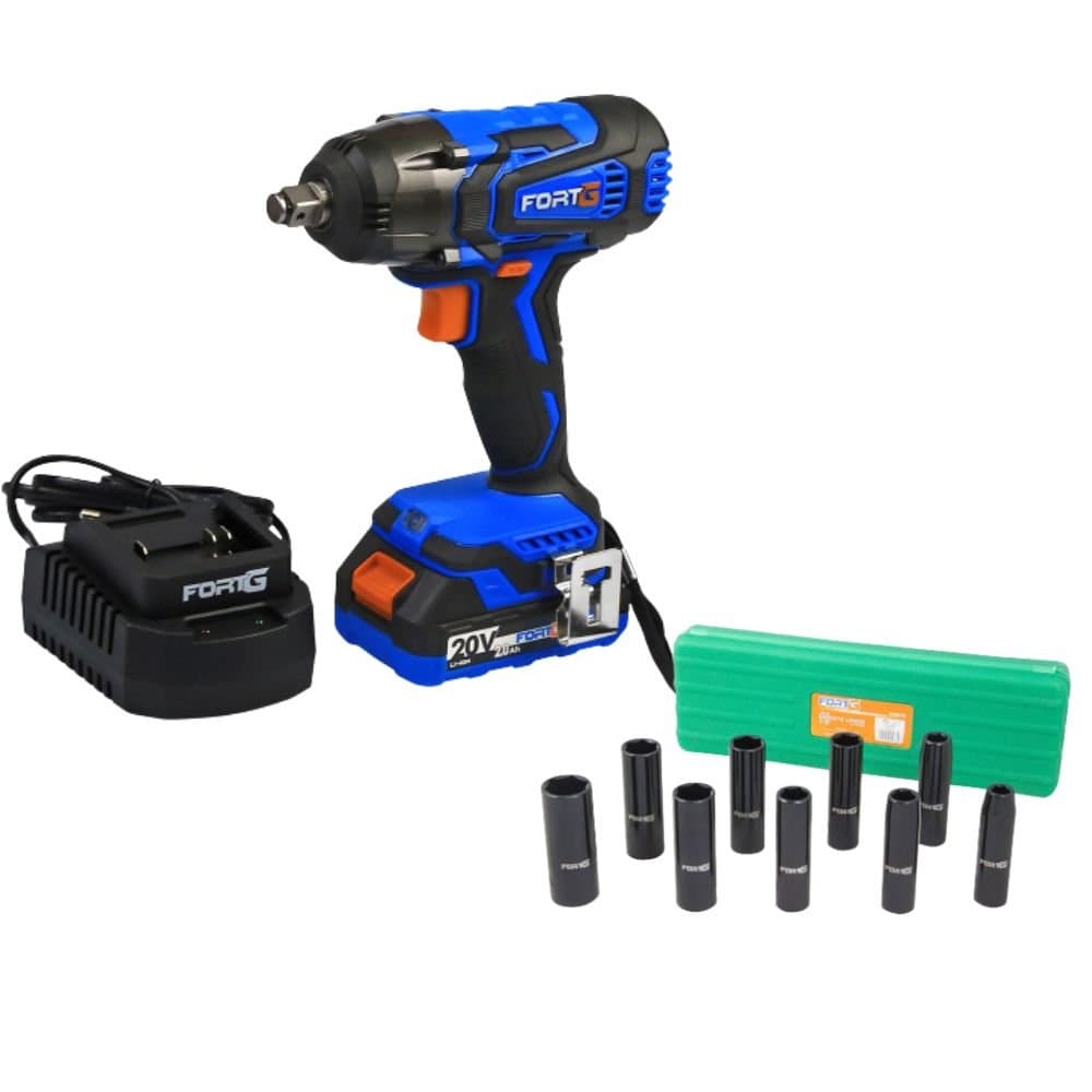 Combo Chave de Impacto 12 Pol 20V Vel Variavel com Bateria 2Ah e Carregador Rapido Bivolt Jogo Soquetes de Impacto 12 Pol Longos com 9 Pecas FORTGPR