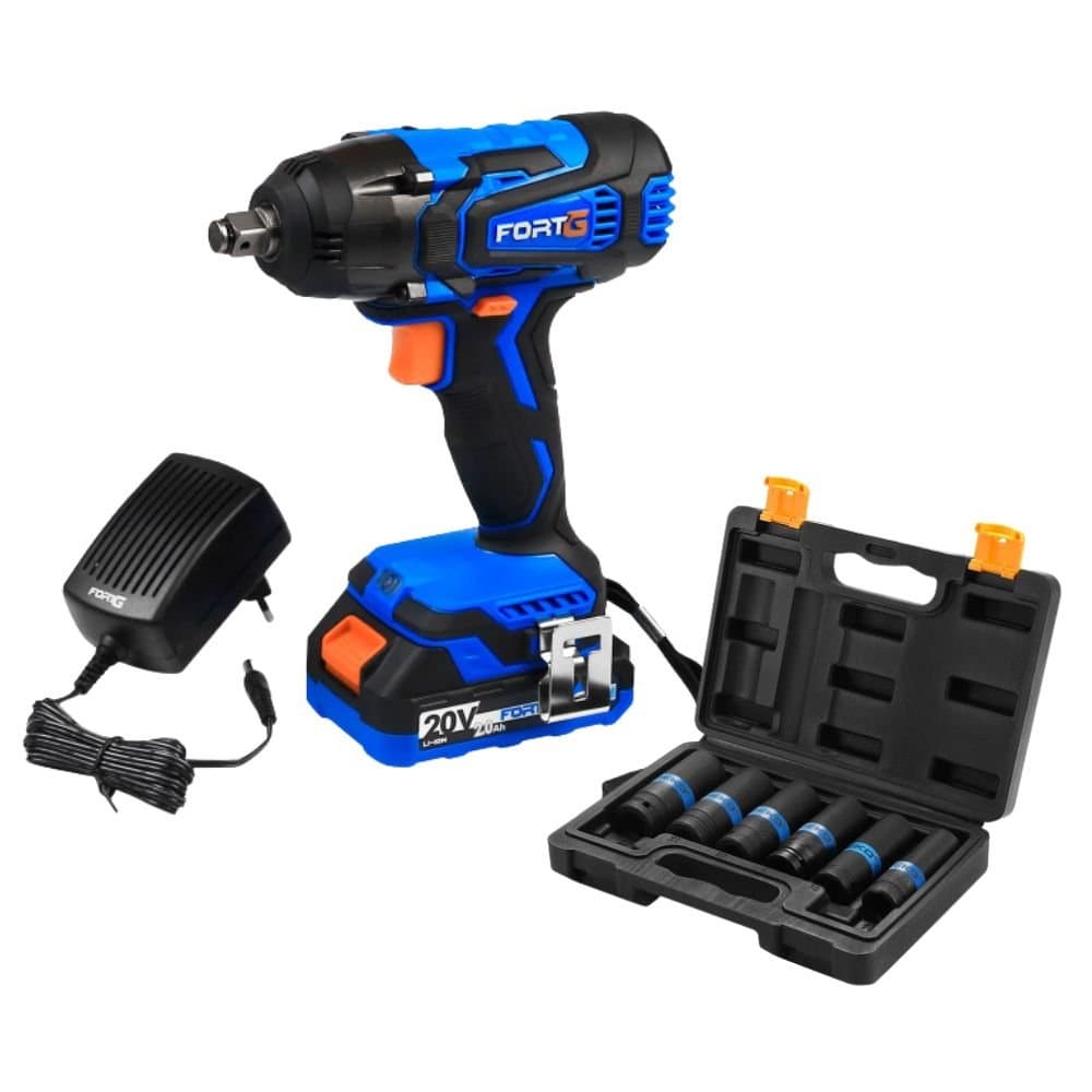 Combo Chave de Impacto 12 Pol 20V Variavel e Reversivel com Carregador Soquete Longo de Impacto 12 Pol com 6 Pecas FORTGPRO-K5734