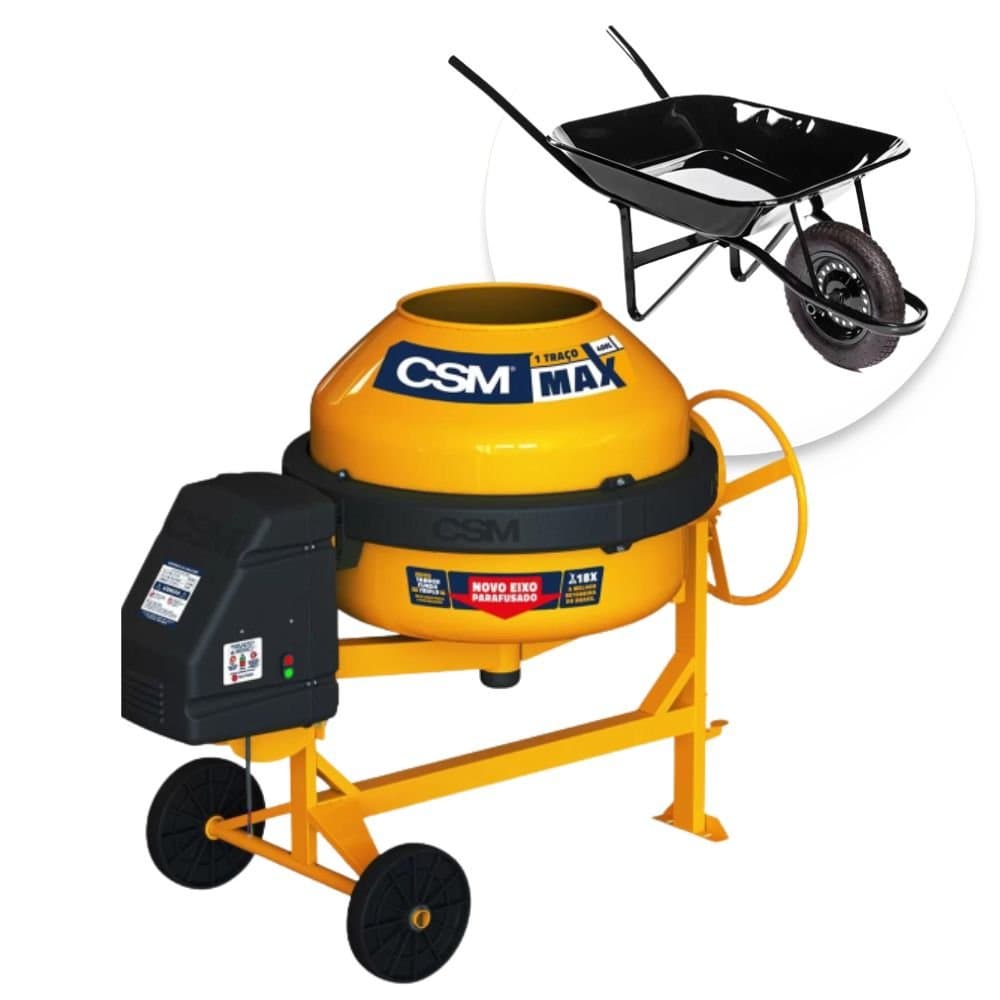Combo Betoneira Max 1 Traco 400L 2CV Trifasico 380V Carrinho de Mao Quadrado com Cacamba 60 Litros CSM-K5521