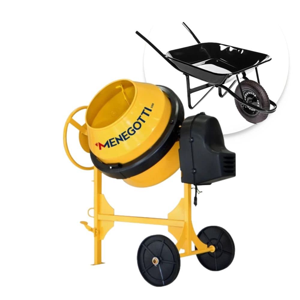 Combo Betoneira 150 litros Monofasica 12CV 220V Prime com Kit de Seguranca Carrinho de Mao Quadrado com Cacamba 60 Litros MENEGOTTI-K552B150