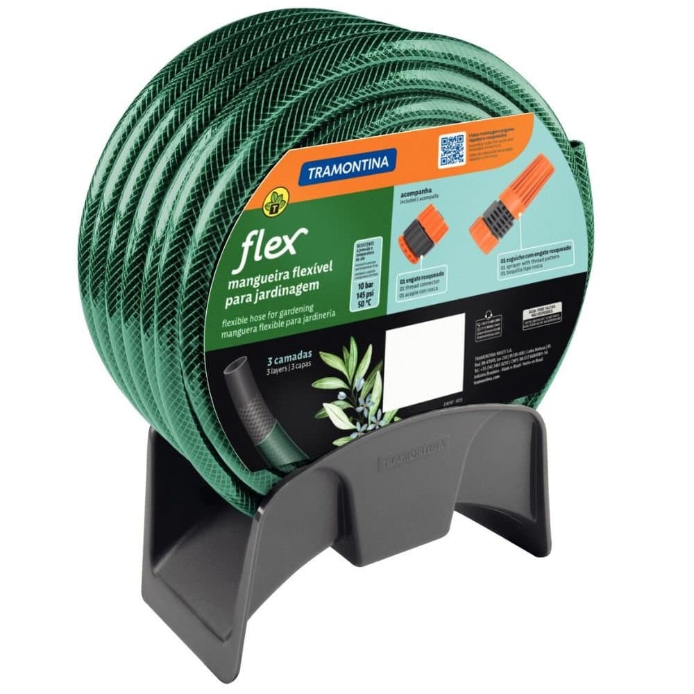 Mangueira Flex 15m com Engates e Esguicho Rosqueados e Suporte Mural TRAMONTINA-79322150