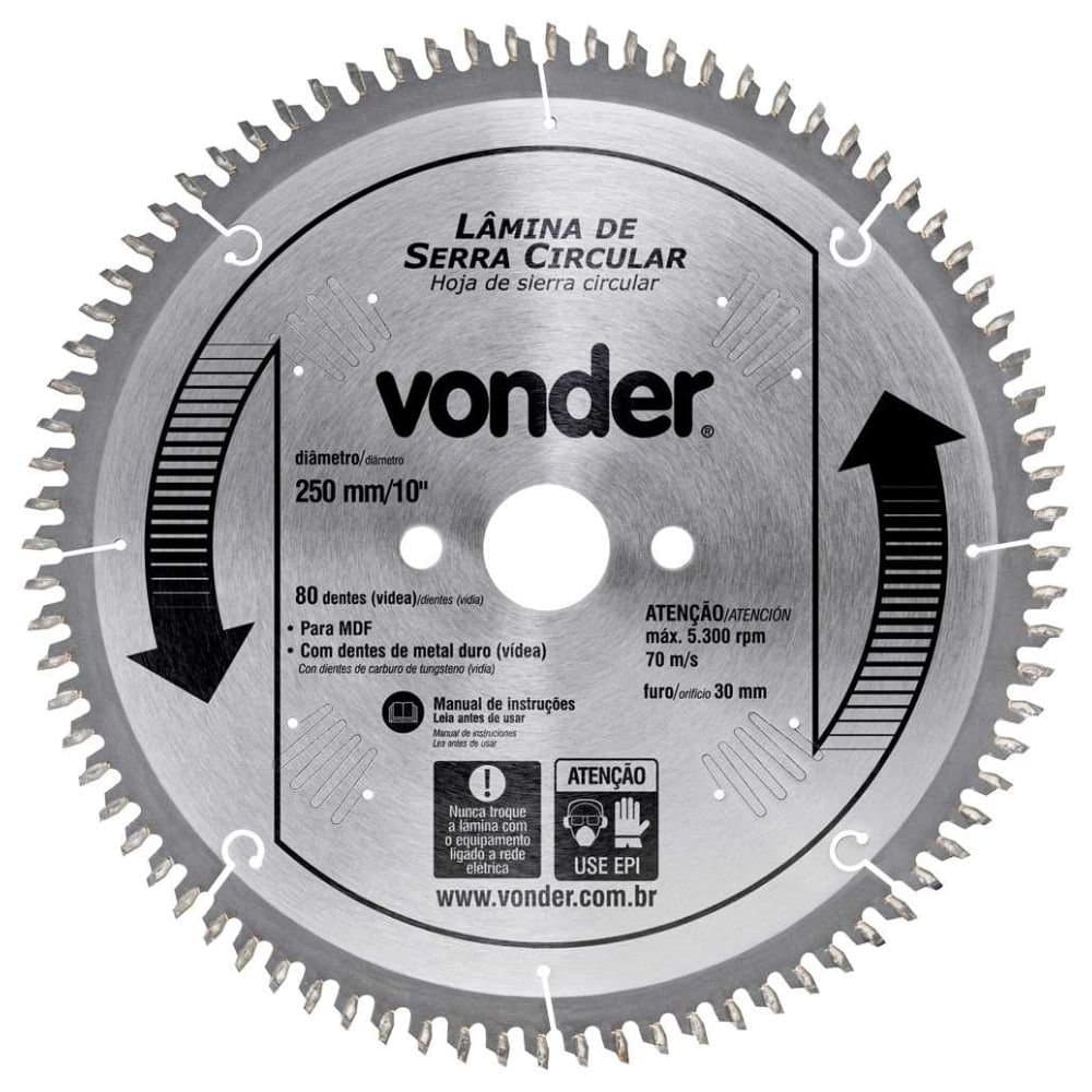 Lamina de Serra Circular com Dentes de Metal DuroVidea 250 mm x 30 mm com 80 Dentes para Mdf VONDER-4650025080