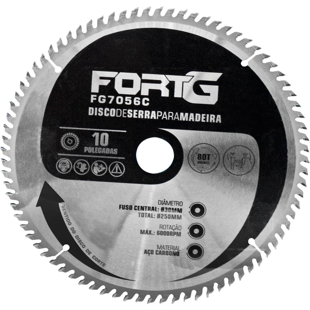 Disco de Serra para Madeira em Aco Carbono 10 Pol 250x30mm 80T FORTGPRO-FG7056C