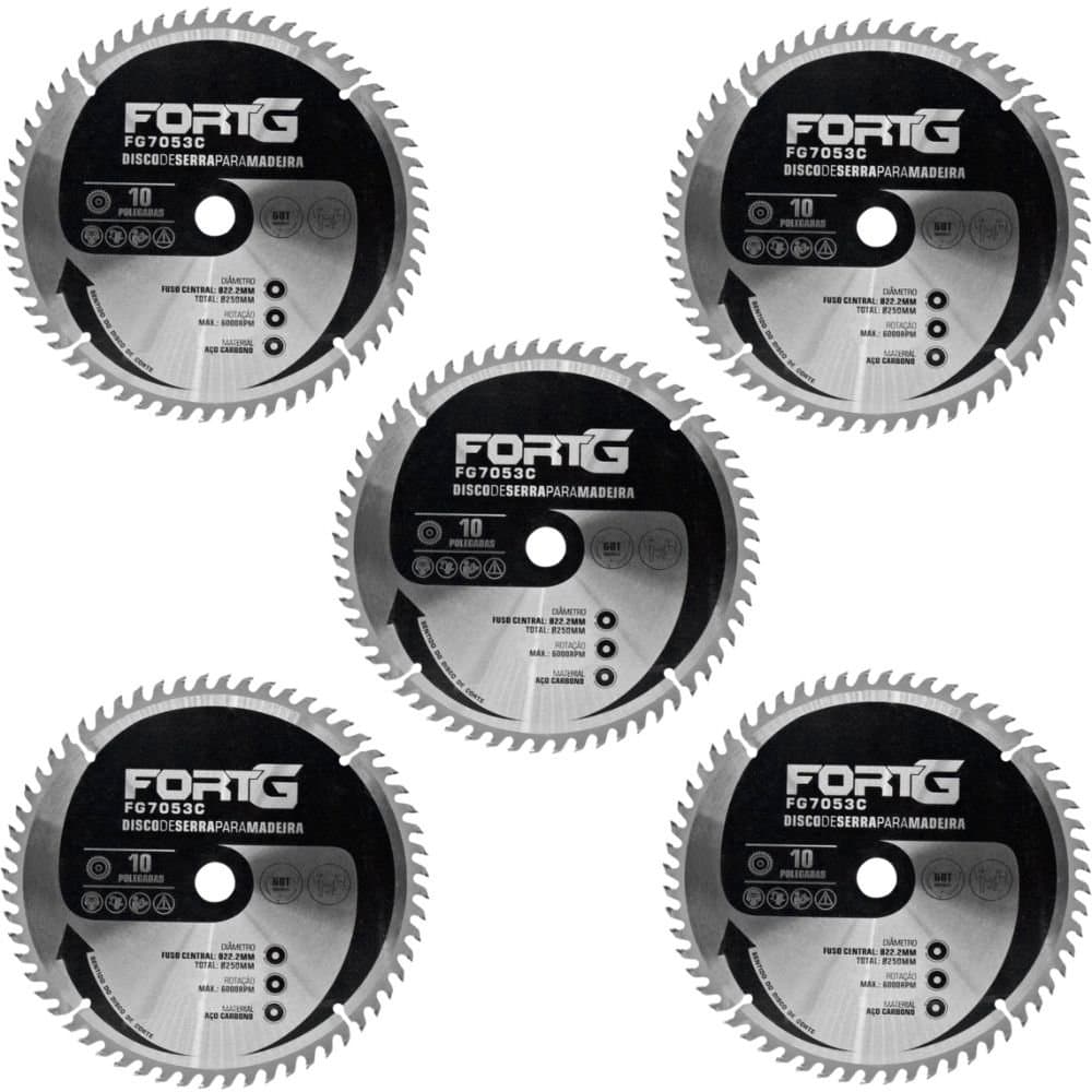 Kit com 5 Discos de Serra para Madeira em Aco Carbono 10 Pol 250x2223mm 60T FORTGPRO-K6451