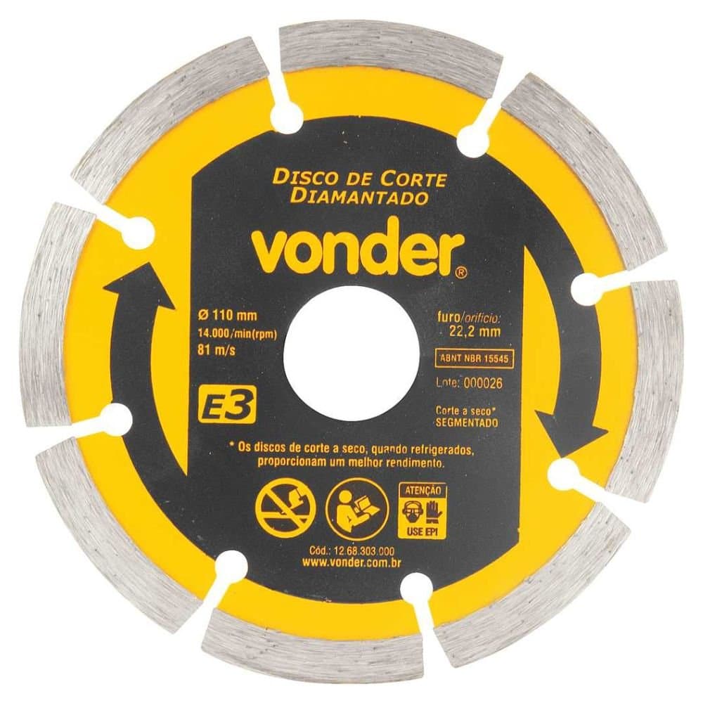 Disco de Corte Diamantado 110 mm Furo de 222 mm Segmentado E3 VONDER-1268303000