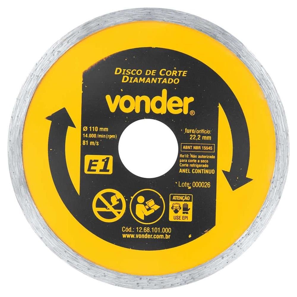 Disco de Corte Diamantado 110 mm Furo de 222 mm Anel Continuo E1 VONDER-1268101000