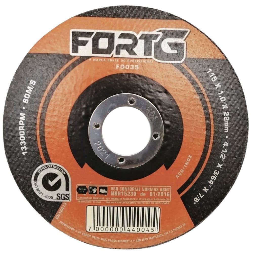 Disco de Corte Fino de Aco Inox 412 Pol - 115 x 10 x 22mm CLASSE A - PROFISSIONAL FORTGPRO-FG035