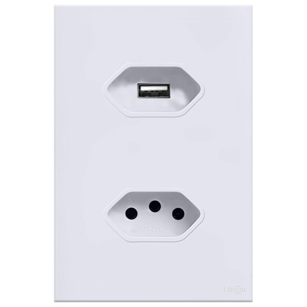 Tomada com Carregador USB 2A 5V em Acrilico Branco LUMENX-TGBUSB