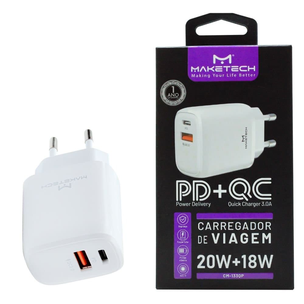 Carregador de Parede Turbo 20W 18W CM-133QP Saida Tipo-C Power Delivery e Saida USB Quick Charge Branco MAKETECH-552798