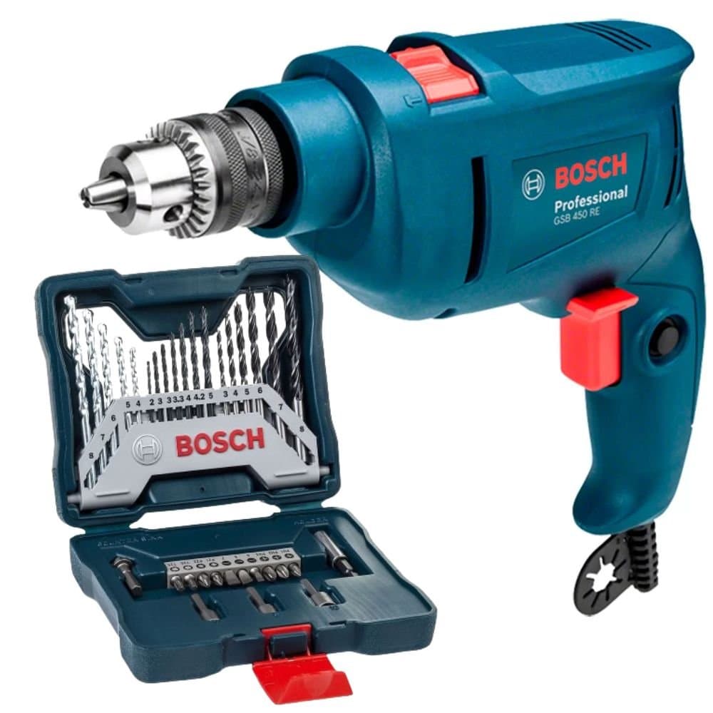 Combo Furadeira de Impacto GSB-450RE 38 Pol 450W 110V e Jogo X-Line para Furar e Parafusar com 33 Pecas e Maleta BOSCH-K7444