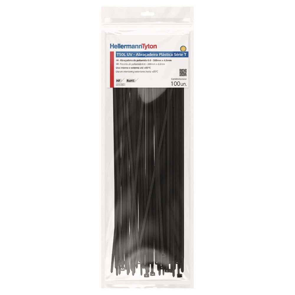 Abracadeira de Nylon Preta T50L Blister 390x46mm com 100 Unidades HELLERMANNTYTON-010114790