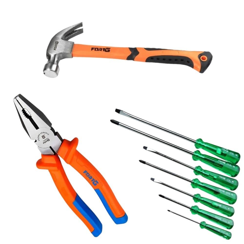 Combo Alicate Universal 8 Pol Jogo de Chaves de Fenda e Phillips 7 Pecas Martelo Unha 32cm FORTGPRO-K8812