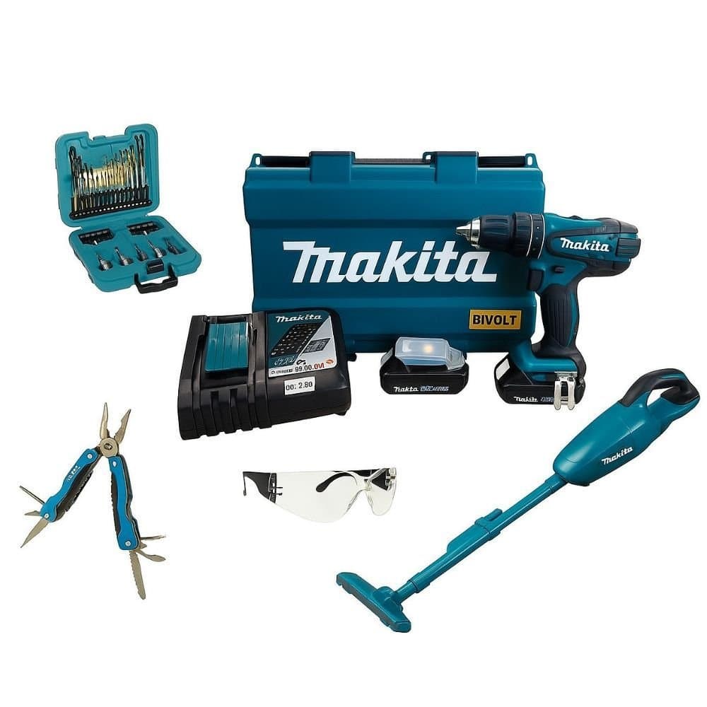 Combo Parafusadeira de Impacto Aspirador de Po com 2 Baterias 18V Carregador Acessorios e Maleta MAKITA-KITDHP482DCL