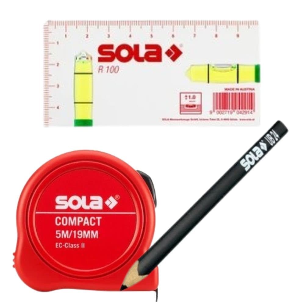 Combo Nivel bolha 10Cm profissionalTrena Curta 5m19mm ProLapis 24cm Pro SOLA-K9342