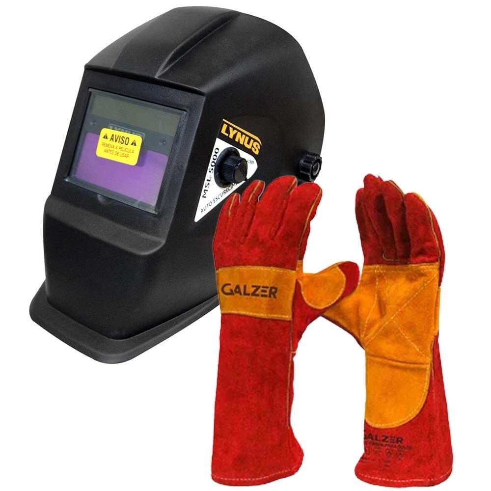 Combo Mascara de Solda Automatica com Regulagem 9 a 13 Luva Soldador Cano Longo LYNUS-K9559