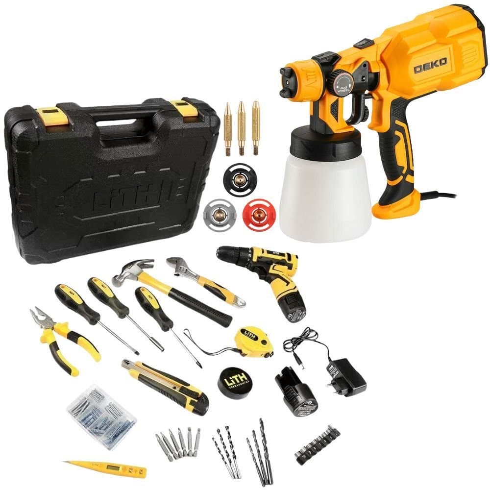 Combo Pistola de Pintura Pulverizadora Eletrica com 03 Bicos e Acessorios ParafusadeiraFuradeira com 02 baterias Carregador Maleta e Acessorios DEKO