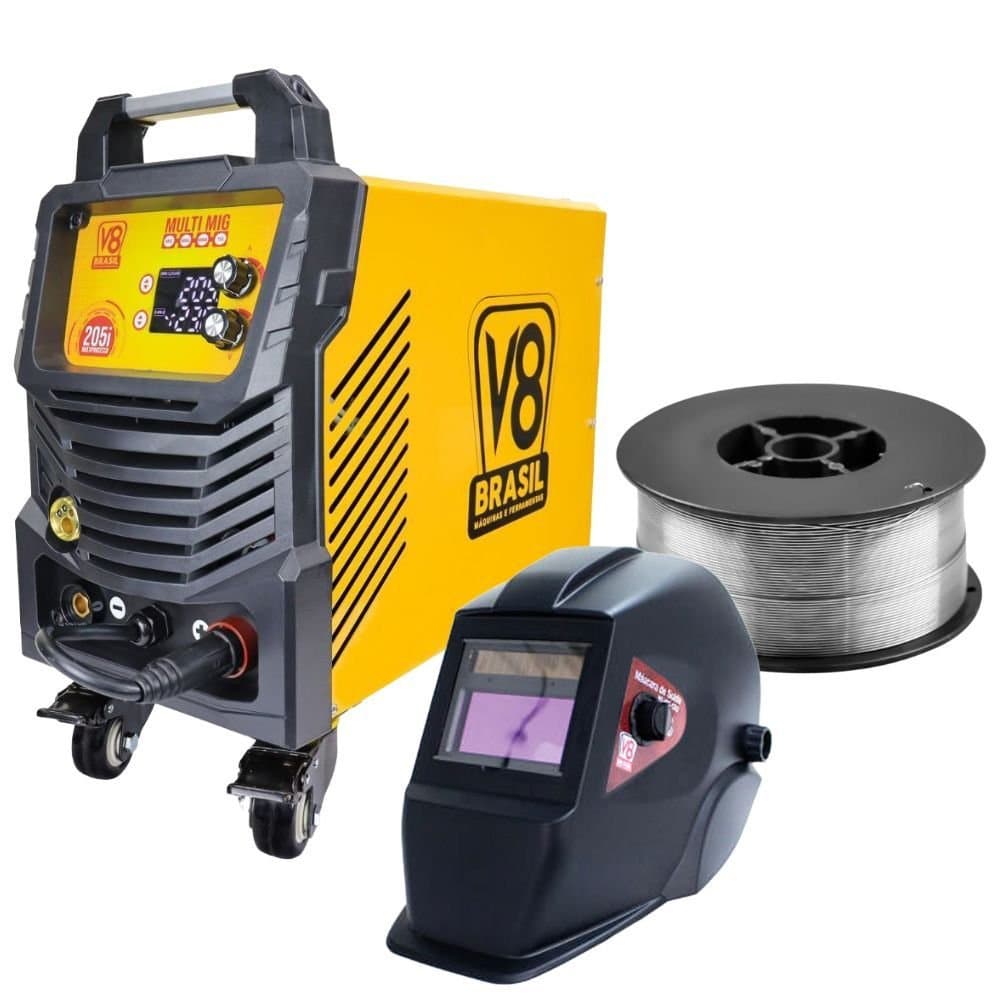 Combo Maquina de Solda Multiprocesso 205i 205A 220V Mascara de Solda com Tripla Regulagem CR2 Arame Solda MIG 08mm sem Gas 1Kg V8-K9948