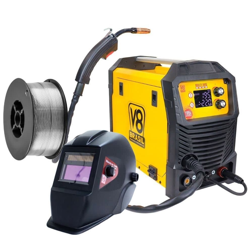 Combo Maquina de Solda Multiprocesso 195i 195A 220V com Tocha Mascara de Solda com Tripla Regulagem CR2 Arame Solda MIG 08mm sem Gas 1Kg V8-K9949