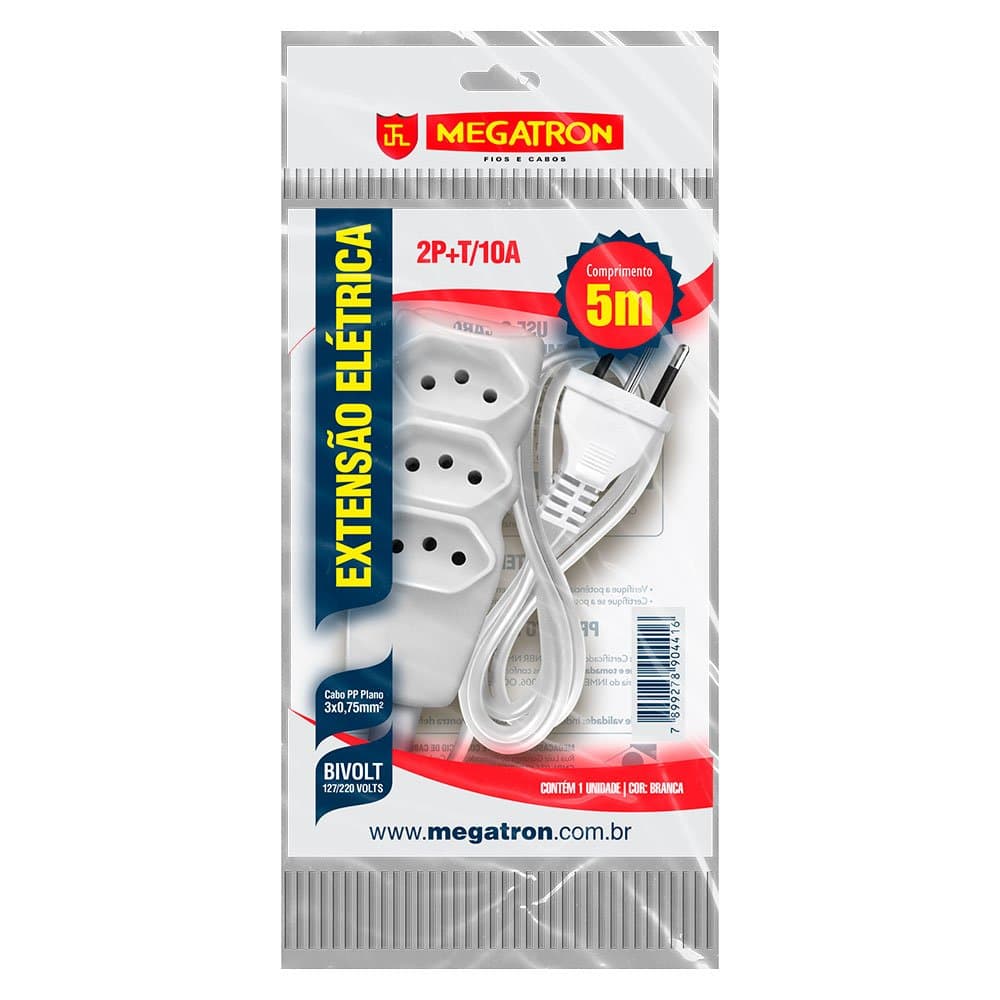 Extensao Branca PP Plano 3 x 075 x 5M Bivolt MEGATRON-441