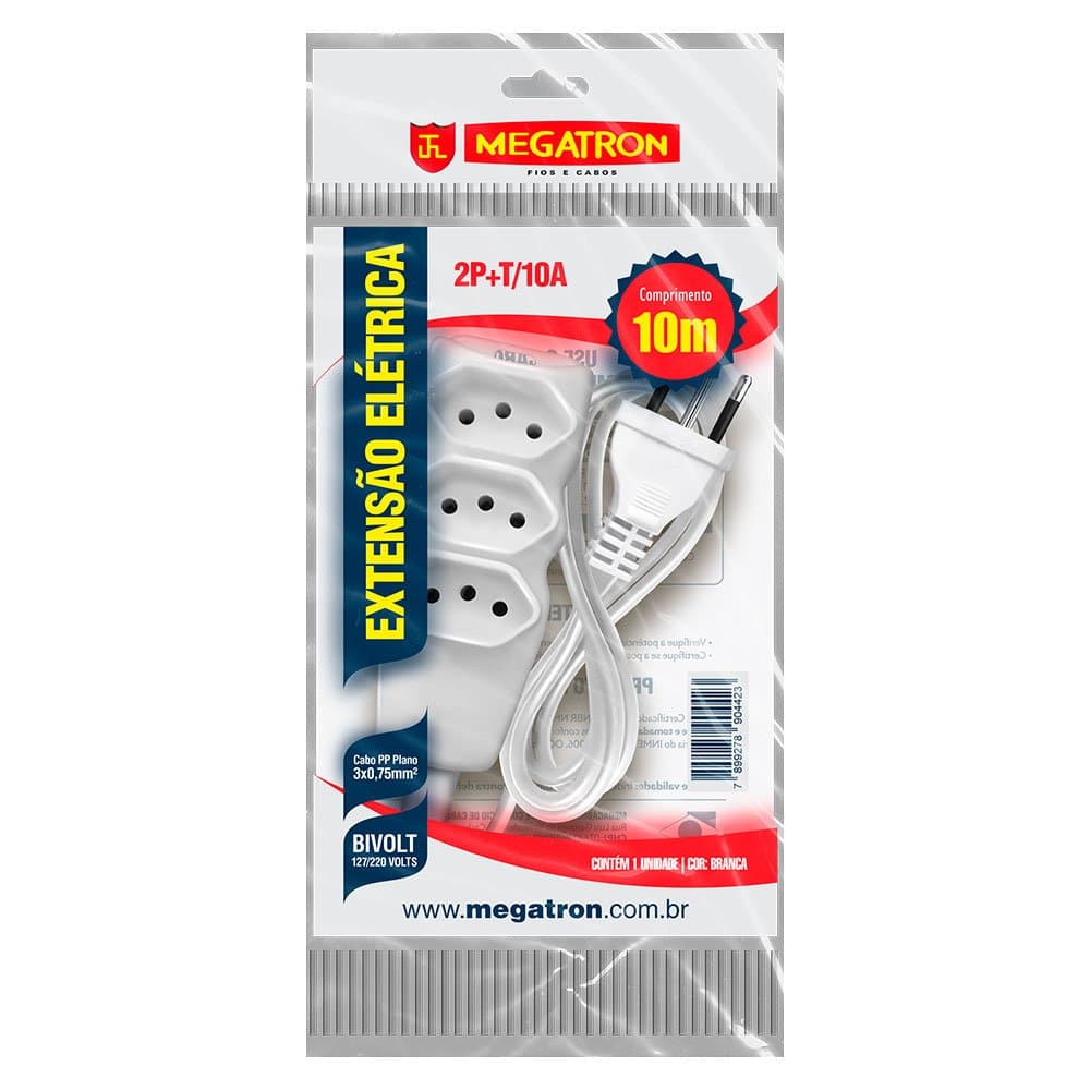Extensao Branca PP Plano 3 x 075 x 10M Bivolt MEGATRON-442