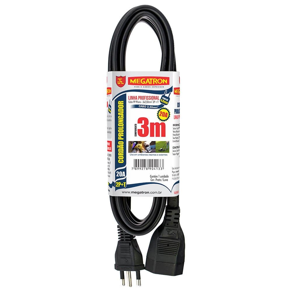 Cordao Prolongador Preto 20V com Luva 90 PP Plano 3 x 250 x 3M Bivolt MEGATRON-413