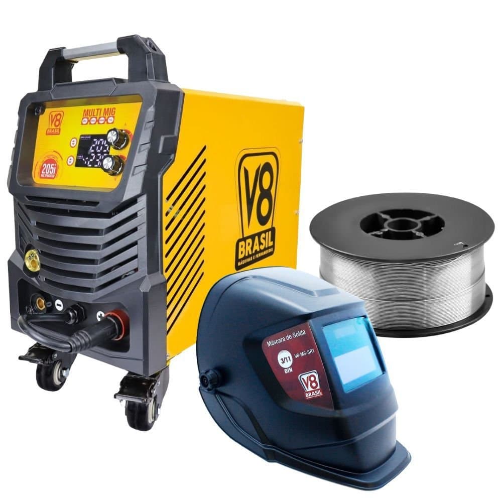 Combo Maquina de Solda Multiprocesso 205i 205A 220V Mascara de Solda Automatica Fixa Tonalidade 11 SR1 Arame Solda MIG 08mm sem Gas 1Kg V8-K9955