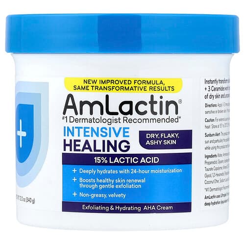 AmLactin, Intensive Healing, Exfoliating & Hydrating AHA Cream, Dry, Flaky, Ashy Skin, 12 oz (340 g)
