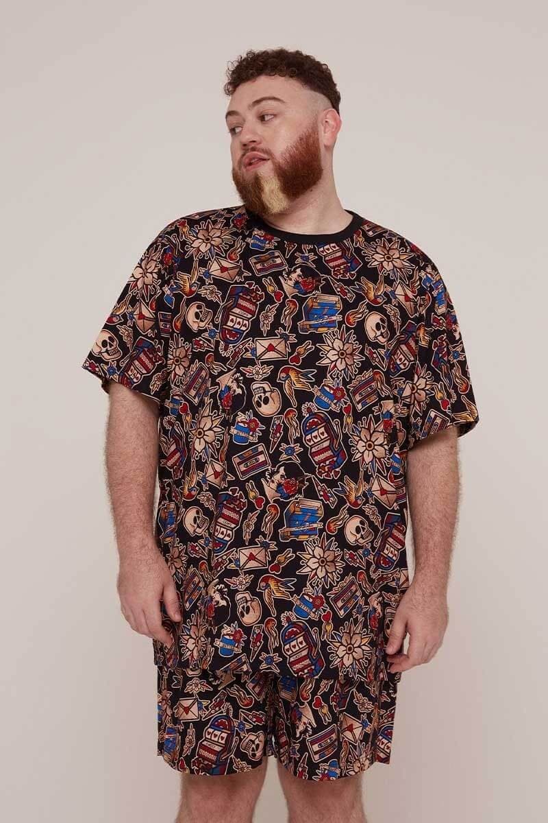 Camiseta Pijama Manga Curta Masculina Estampa Old School