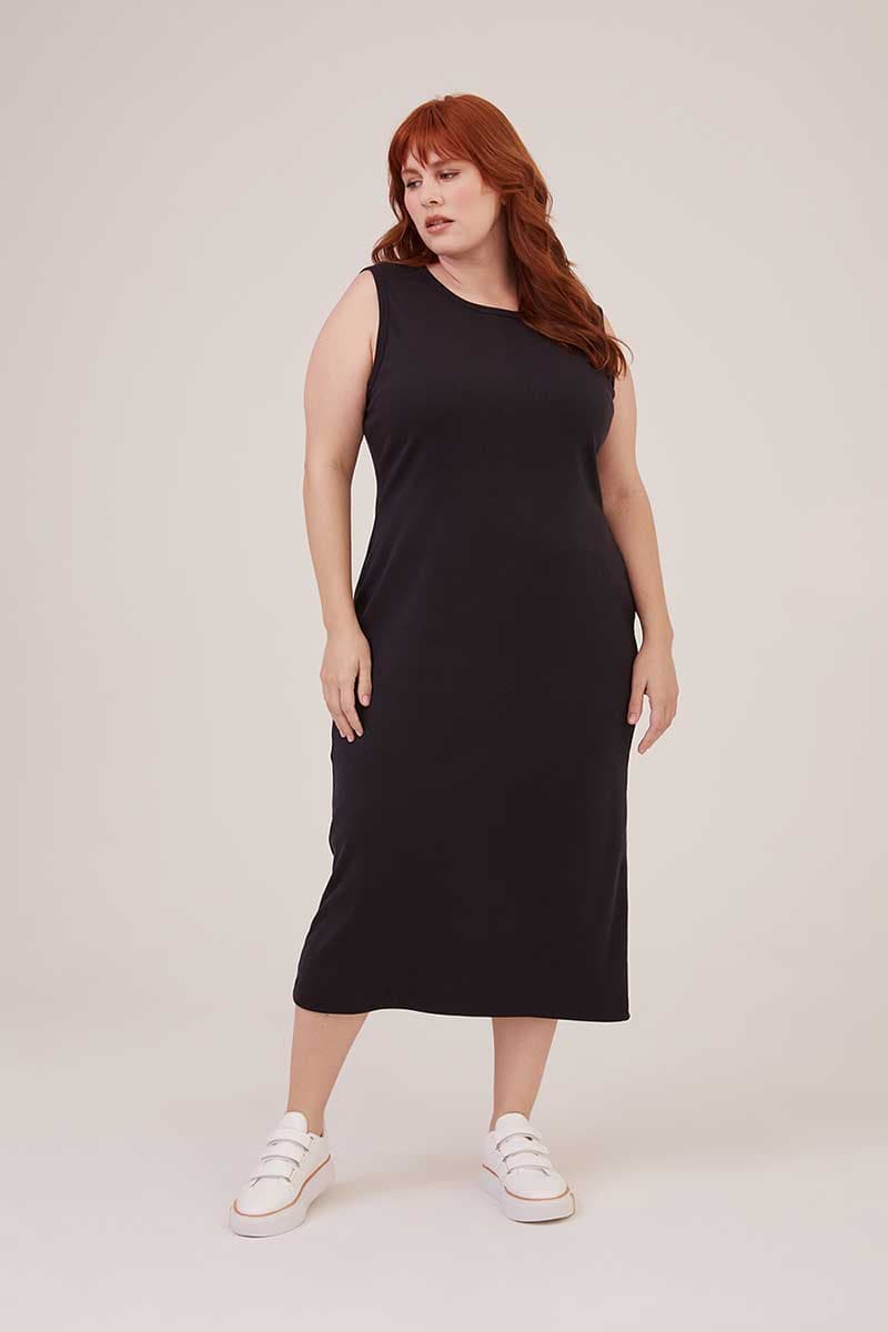 Vestido Regata Básico Canelado Preto Grafite