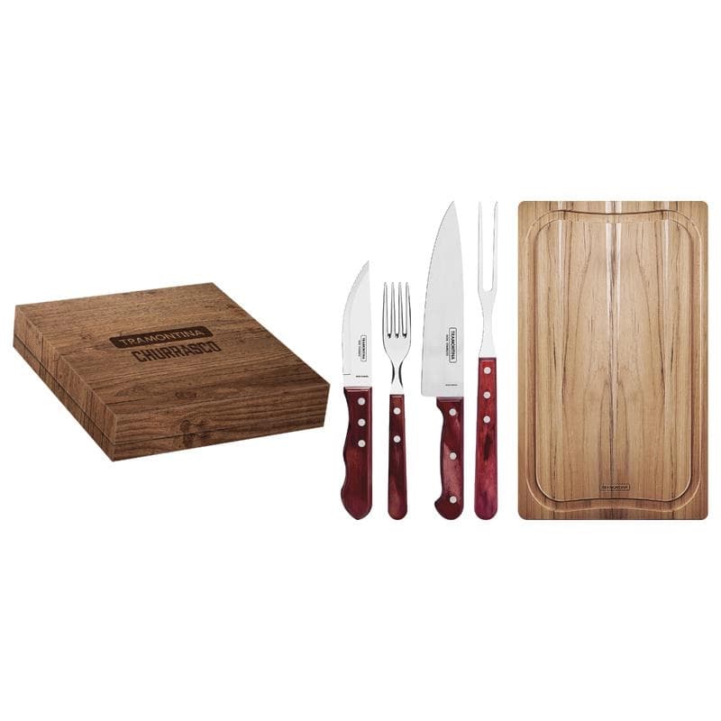 Conjunto Para Churrasco Tramontina Com Cabos Em Madeira Polywood Vermelho E Caixa De Papelão 15 Peças