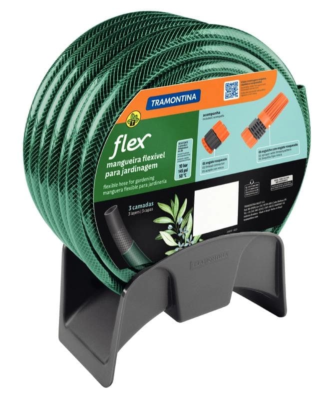 Mangueira Flex Tramontina Em PVC Verde 3 Camadas 15m Com Engate Rosqueado, Esguicho E Suporte