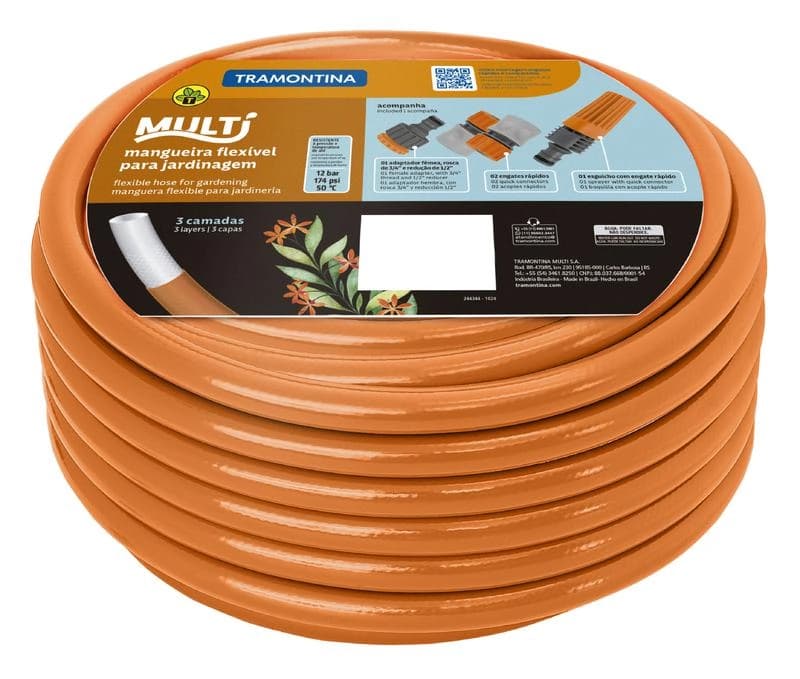 Mangueira Multi 1/2" Tramontina Em PVC Laranja 3 Camadas 20m Com Engates Rápidos E Esguicho
